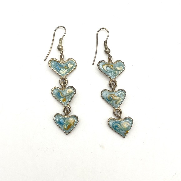 Dangle Drop Earrings Silver Tone Blue Heart Enamel Vintage Jewelry - Picture 1 of 4